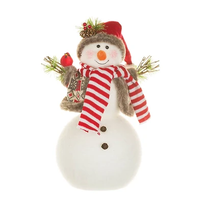 Red Fabric Snowman Figurine with Cardinal