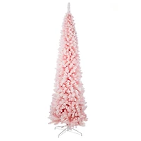 Sapin floqué rose en plastique avec DEL blanc chaud et base en métal