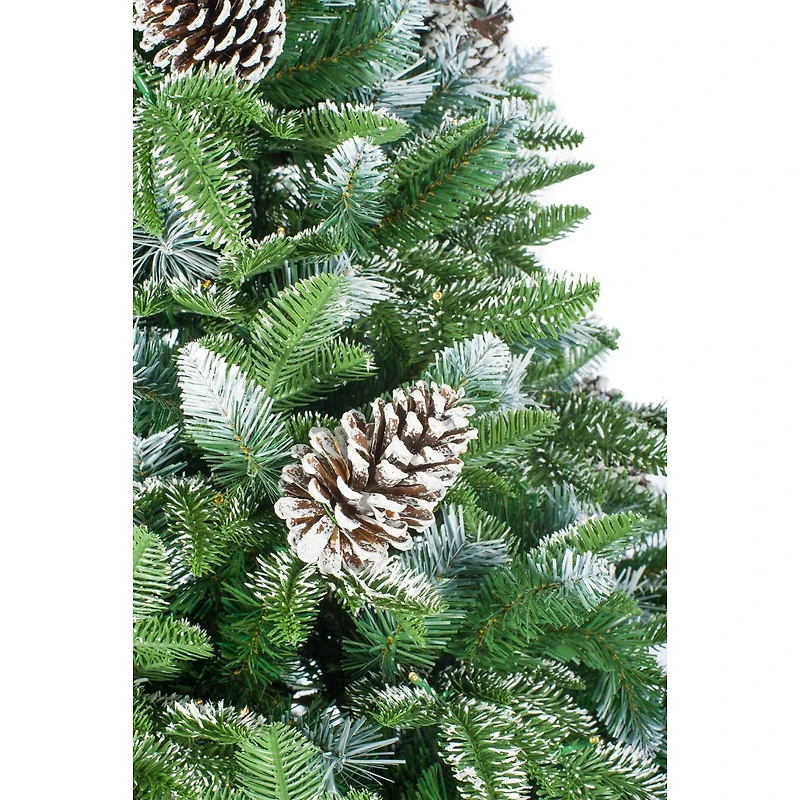 Sapins de Noël mixtes épicéa en PVC/PE bleu avec DEL blanc chaud et pommes de pin givrées