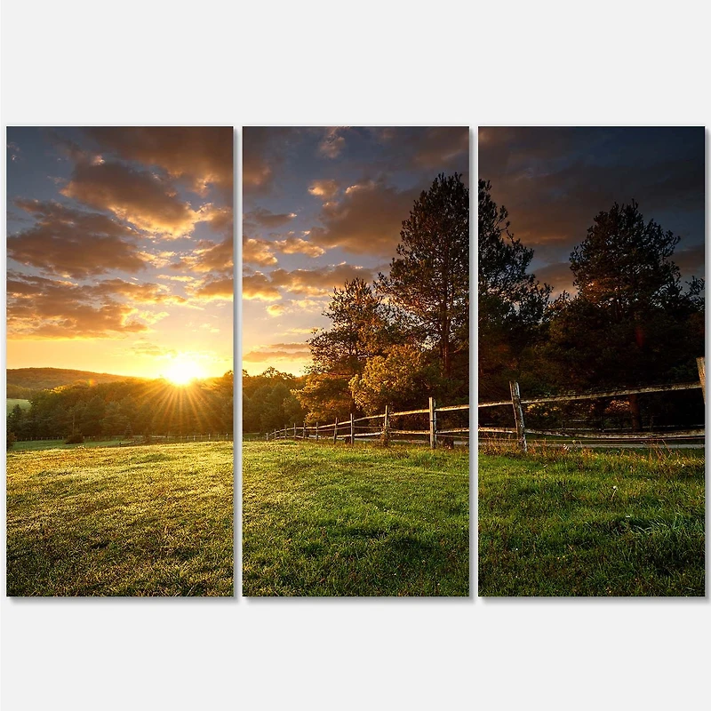 Fenced Ranch at Sunrise  Canvas Wall Art - 3 Panels