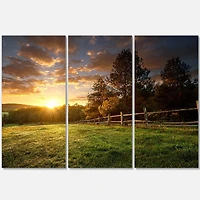 Fenced Ranch at Sunrise  Canvas Wall Art - 3 Panels