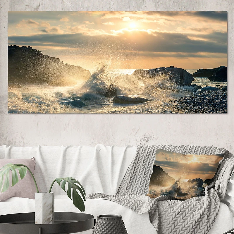 Big Wave Hit the Rock at Beach Canvas Wall Art Print