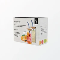 Square Glass with Bamboo Lid and Glass Straw, Set of 2