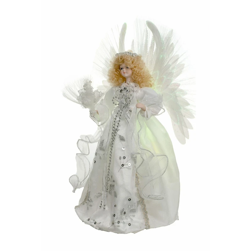 White Cloth Contemporary Fiber Optic Angel Tree Topper Blonde Hair
