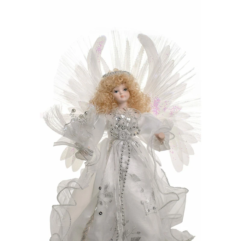 White Cloth Contemporary Fiber Optic Angel Tree Topper Blonde Hair