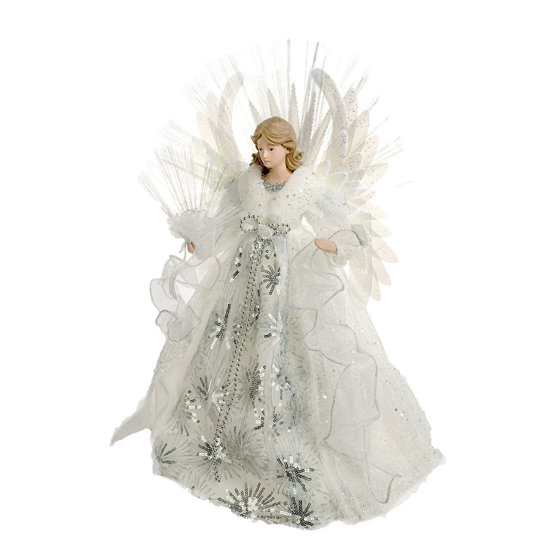 White and Silver Cloth Large Modern Fiber Optic Angel Tree Topper