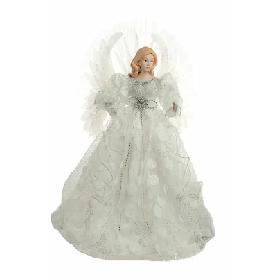 White Cloth Modern Fiber Optic Angel Tree Topper Spotted Dress