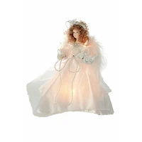 White Cloth Small 10-Light Angel Tree Topper Brown Curly Hair