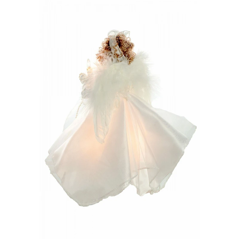 White Cloth Small 10-Light Angel Tree Topper Brown Curly Hair