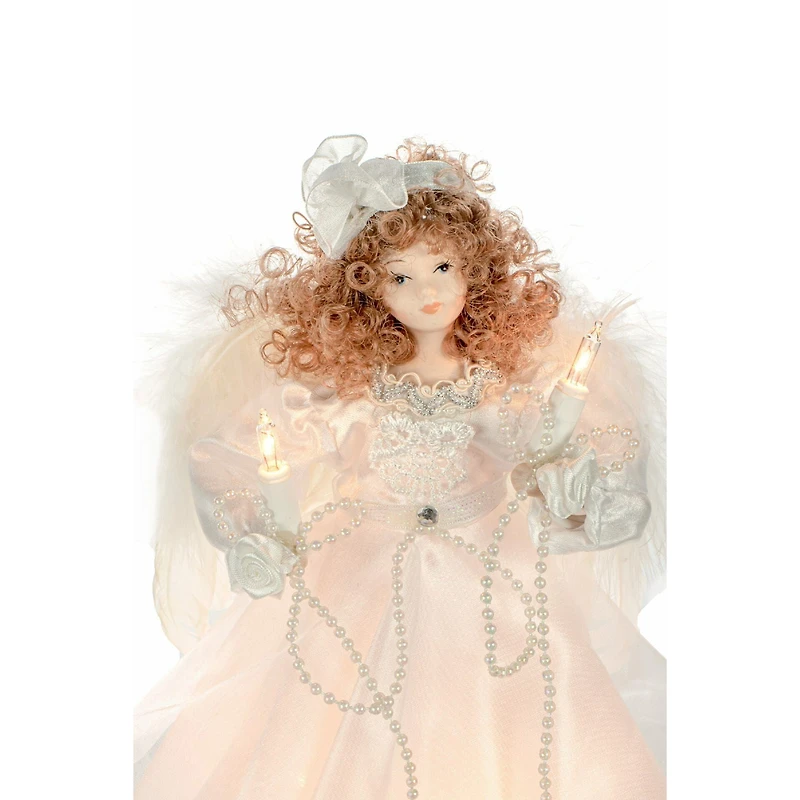 White Cloth Small 10-Light Angel Tree Topper Brown Curly Hair