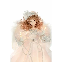 White Cloth Small 10-Light Angel Tree Topper Brown Curly Hair