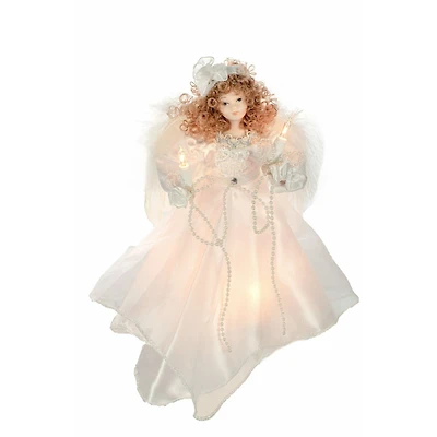 White Cloth Small 10-Light Angel Tree Topper Brown Curly Hair