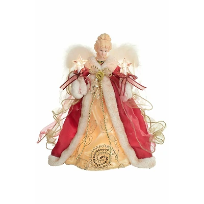 Red and Gold Cloth Vintage 10-Light Angel Tree Topper White Fluffy Wings