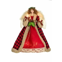 Red and Black Cloth Brown Hair 10-Light Angel Tree Topper Laurel Wreath