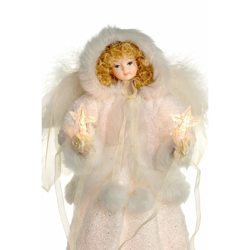 Cime de sapin ange en tissu ivoire avec capuche et cheveux bouclés blonds à 10 lumières