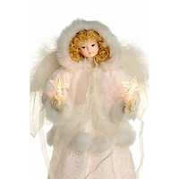 Cime de sapin ange en tissu ivoire avec capuche et cheveux bouclés blonds à 10 lumières