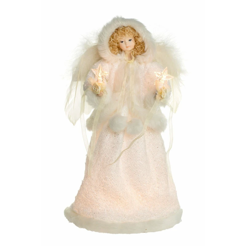 Ivory Cloth Hooded 10-Light Angel Tree Topper Blonde Curly Hair