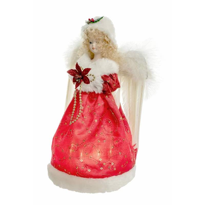 Red Cloth Small 10-Light Angel Tree Topper with Blonde Curly Hair