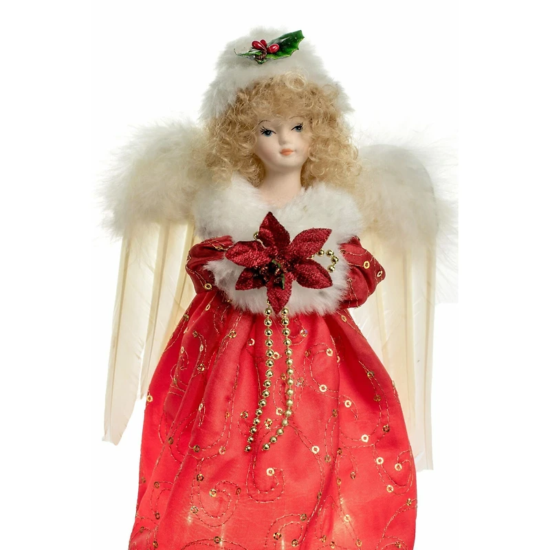 Red Cloth Small 10-Light Angel Tree Topper with Blonde Curly Hair