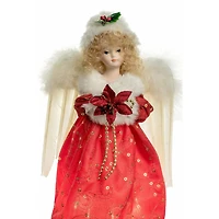 Red Cloth Small 10-Light Angel Tree Topper with Blonde Curly Hair