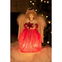 Red Cloth Small 10-Light Angel Tree Topper with Blonde Curly Hair