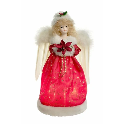 Red Cloth Small 10-Light Angel Tree Topper with Blonde Curly Hair