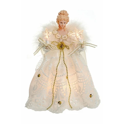 White Cloth Small Vintage 10-Light Angel Tree Topper Vintage Linen Skirt