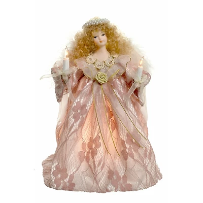 Pink Linen Small 10-Light Angel Tree Topper Blonde Curly Hair
