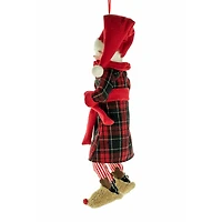 Hangable Plaid Red Cloth Sleepytime Elf Figurine with Teddy Bear