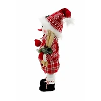 Plaid Red Cloth Boy Snowman with Skis and Overalls