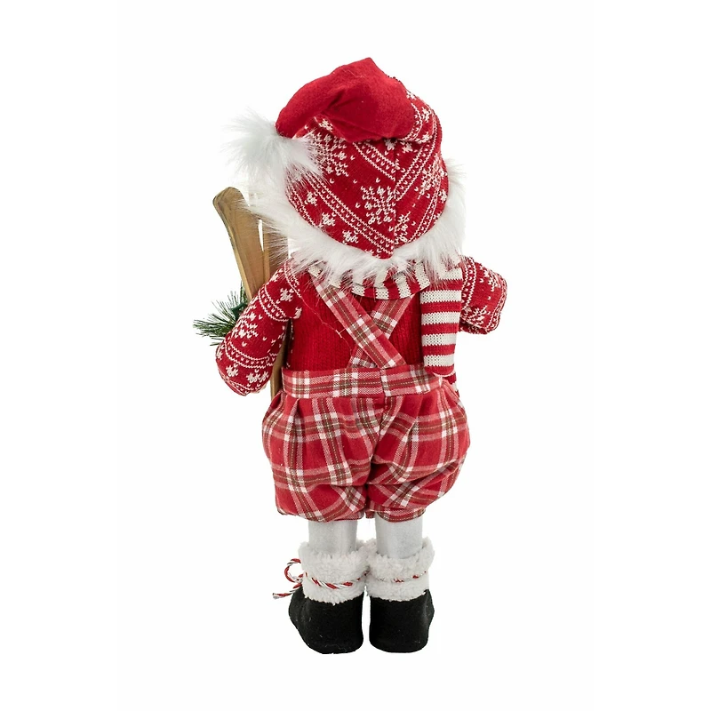 Plaid Red Cloth Boy Snowman with Skis and Overalls