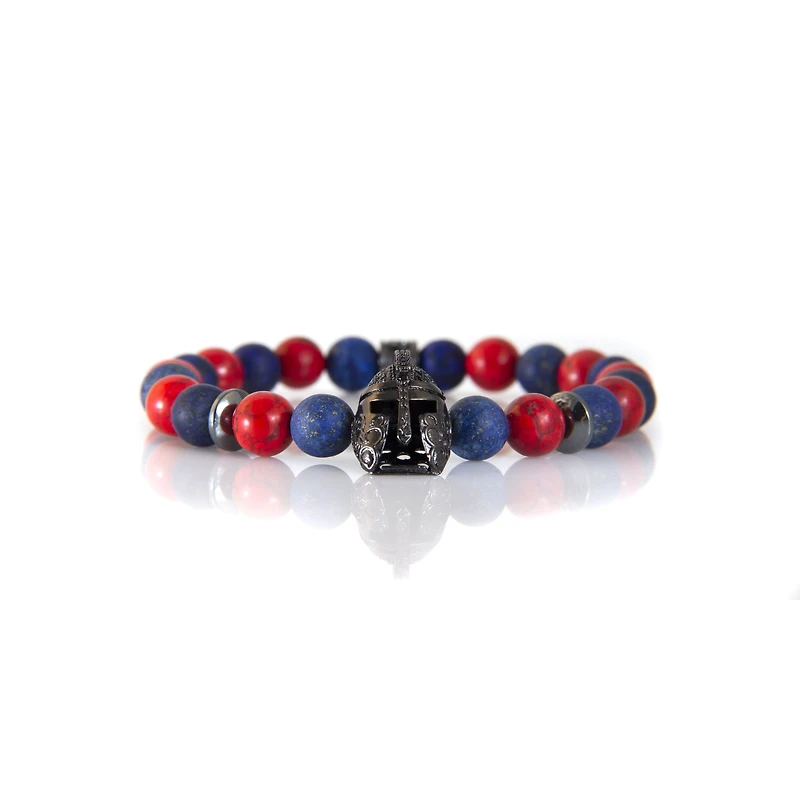 Luenzo Lapis Lazuli and Red/Black Jade with Gunmetal Warrior Helmet Bracelet