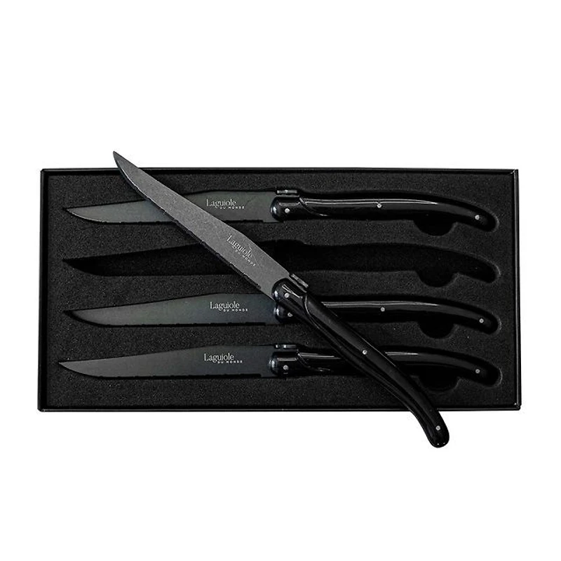 Set of 4 Black on Black Laguiole Du Monde Designer Steak Knives