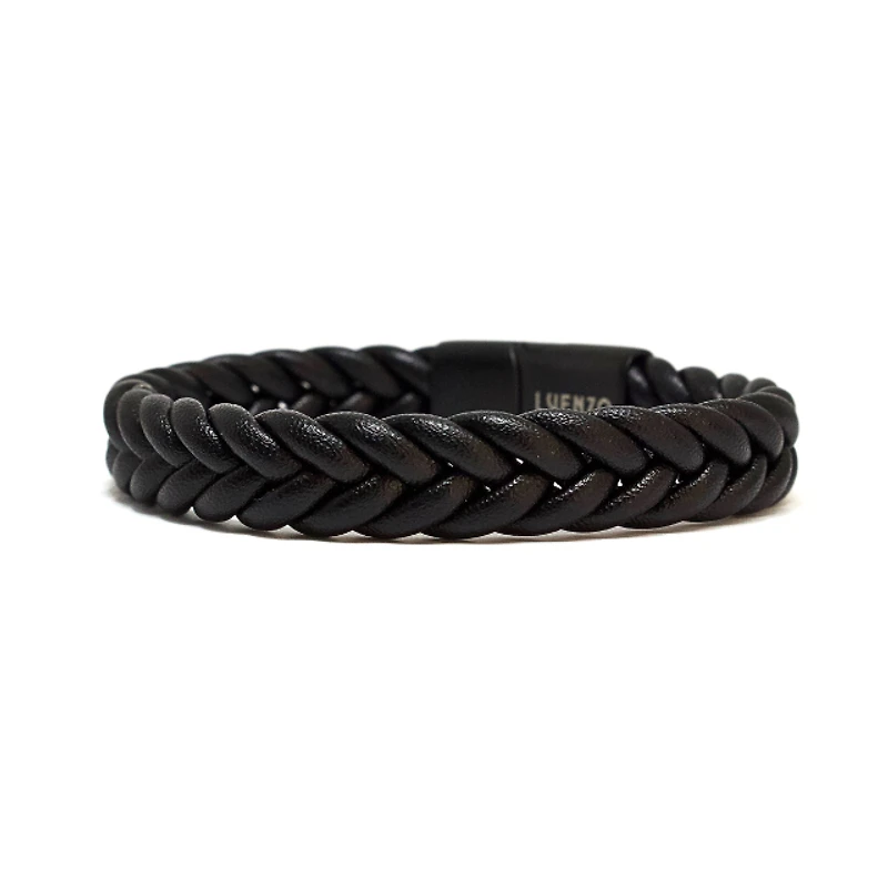Luenzo Matte Black Genuine Leather Chevron Pattern Bracelet