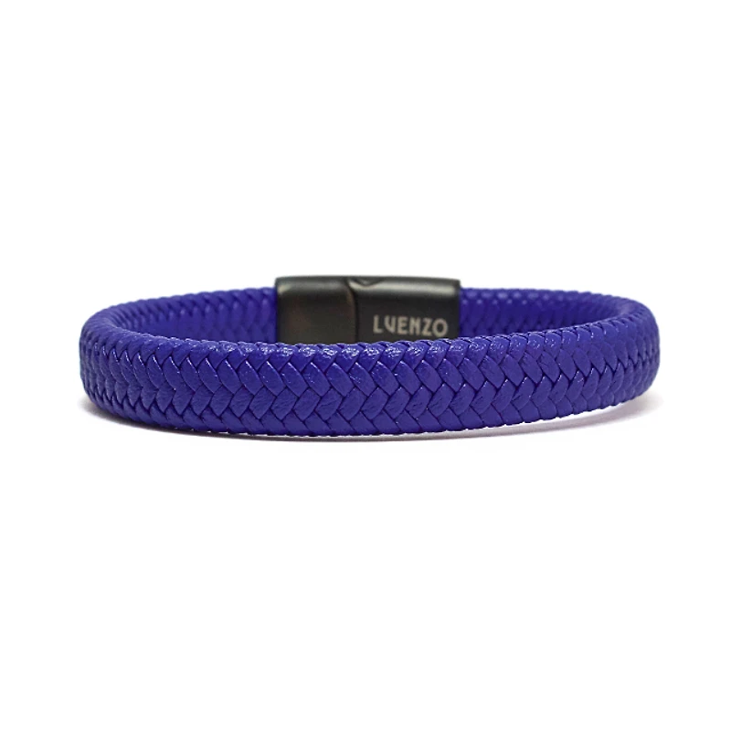 Luenzo Electric Blue Genuine Leather Double Wrap Single Clasp Bracelet