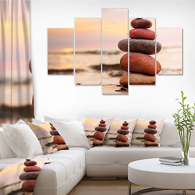 Stones Pyramid on Sand Symbolizing Zen Canvas Wall Art panels