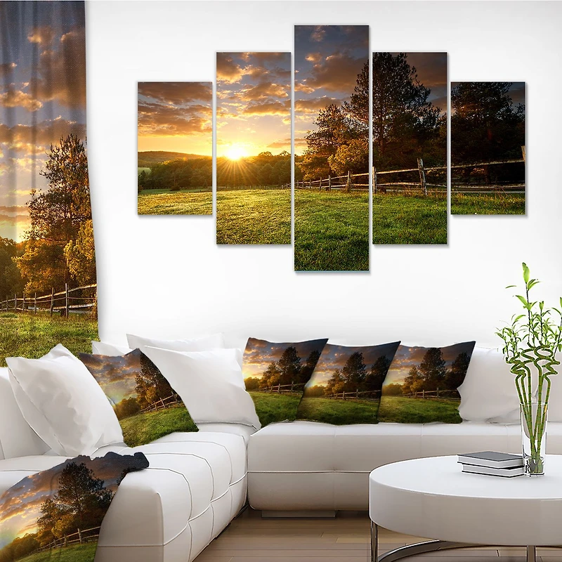 Fenced Ranch at Sunrise Canvas Wall Art Panels