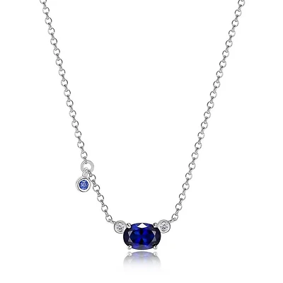 ELLE Sterling Silver Oval Created Blue Sapphire and Genuine Lab Grown Diamond Necklace