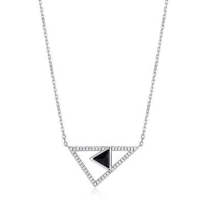 ELLE Sterling Silver, Cubic Zirconia & Genuine Black Agate Double Triangle Necklace