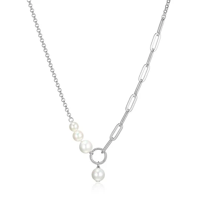 ELLE Sterling Silver Shell Pearl Half Paperclip Link Necklace