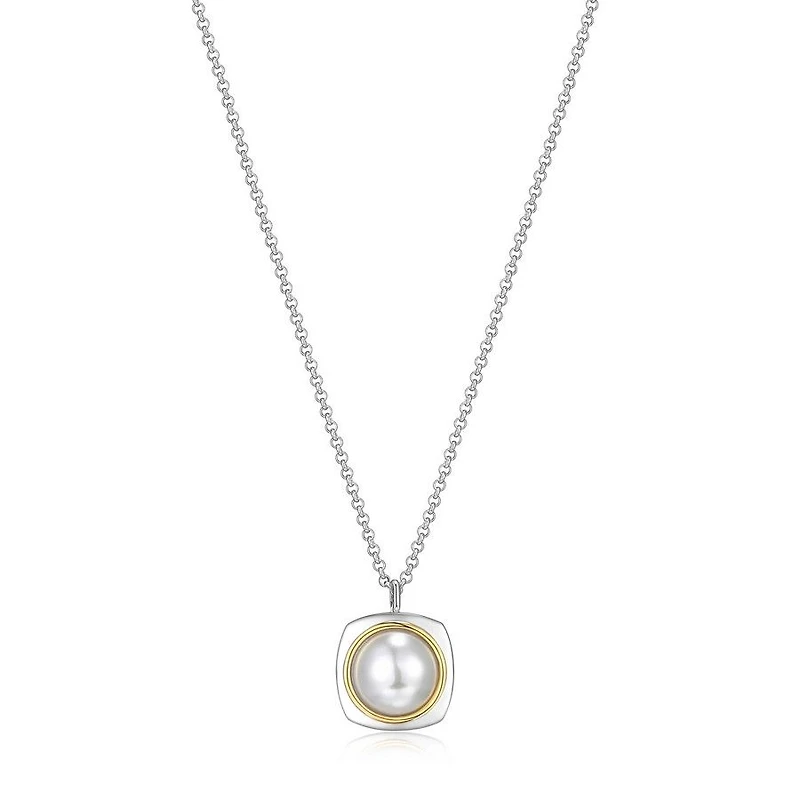 ELLE 18K Gold Plated Sterling Silver 2-Tone Shell Pearl Square Pendant Necklace