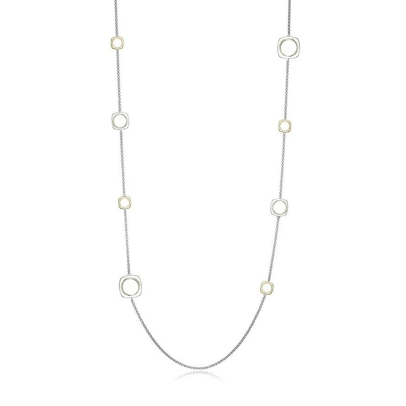 ELLE 18K Gold Plated Sterling Silver 2-Tone Long Square Station Necklace