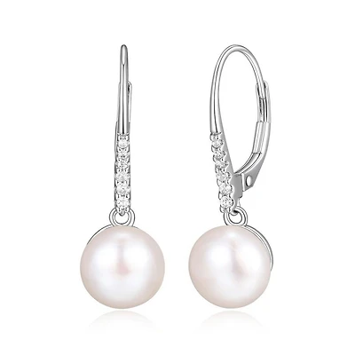 Reign Sterling Silver & Cubic Zirconia Genuine Pearl Leverback Earrings