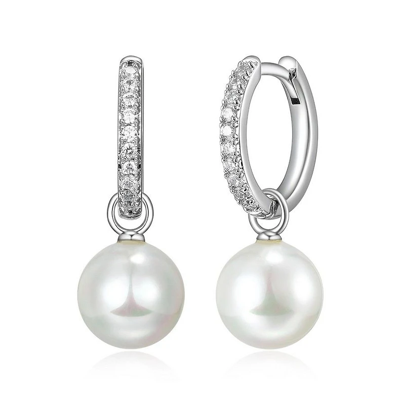 Reign Sterling Silver & Cubic Zirconia 2-in-1 Removable Shell Pearl Huggie Hoop Earrings