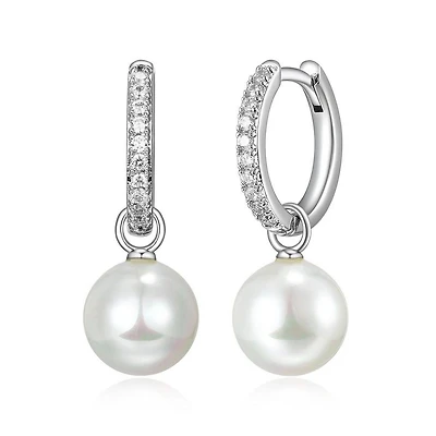 Reign Sterling Silver & Cubic Zirconia  2-in-1 Removable Shell Pearl Huggie Hoop Earrings
