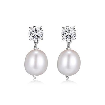 Reign Sterling Silver & Cubic Zirconia Oval Pearl Drop Stud Earrings 