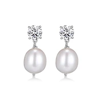 Reign Sterling Silver & Cubic Zirconia Oval Pearl Drop Stud Earrings 
