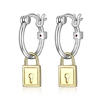 ELLE Sterling Silver 2-Tone 18K Gold Plated Lock & Key Hoop Earrings