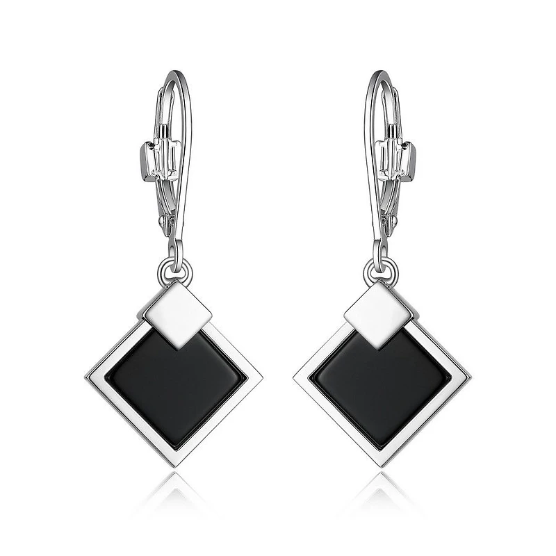 ELLE Sterling Silver & Genuine Black Agate Square Lock Earrings