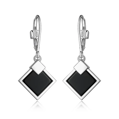 ELLE Sterling Silver & Genuine Black Agate Square Lock Earrings